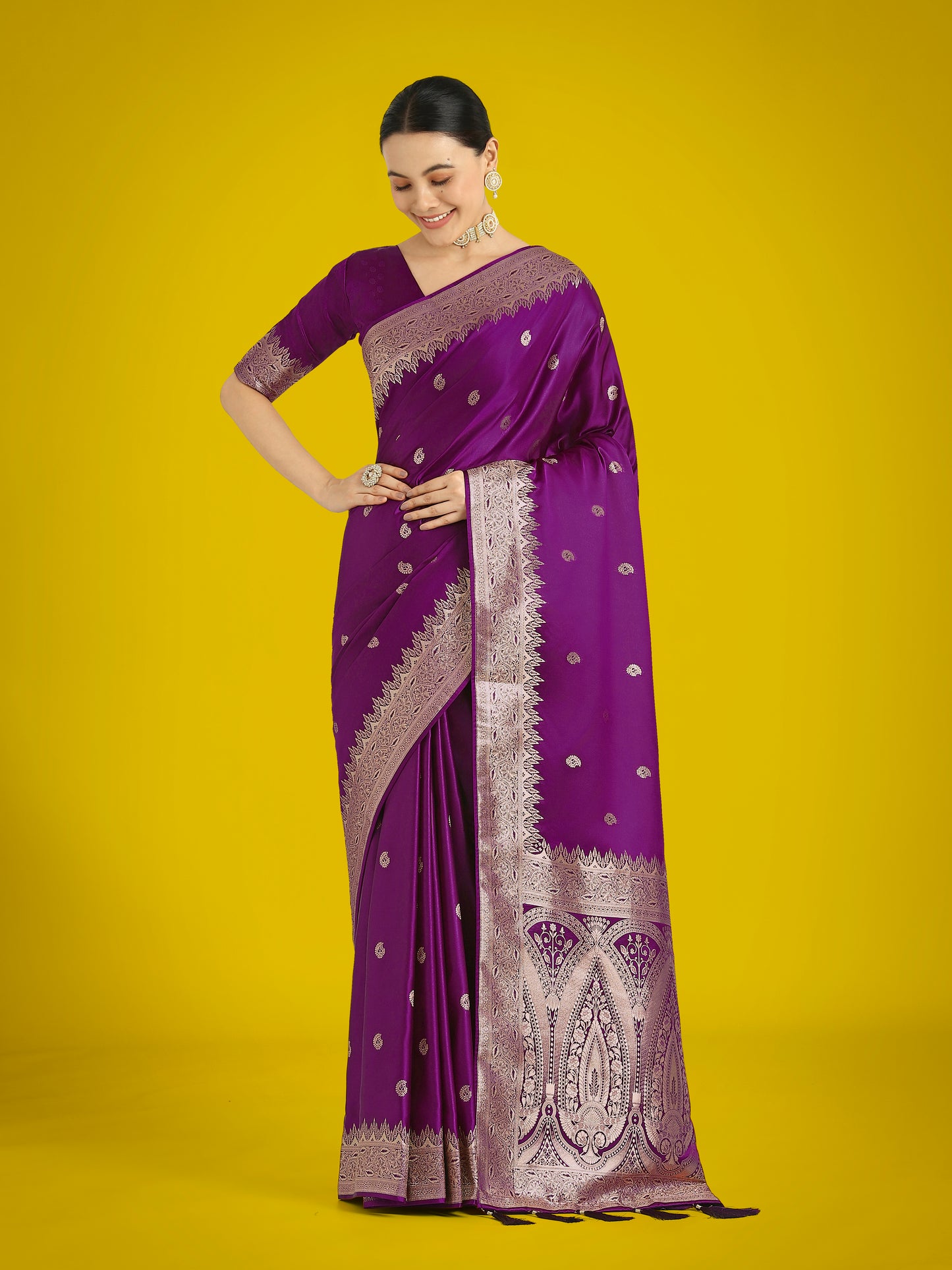 Dhiyona MJ Divine Purple Soft Banarasi Satin Silk Saree With Blouse Piece