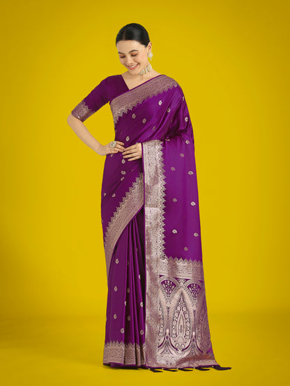 Dhiyona MJ Divine Purple Soft Banarasi Satin Silk Saree With Blouse Piece