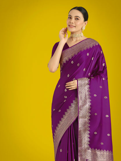 Dhiyona MJ Divine Purple Soft Banarasi Satin Silk Saree With Blouse Piece