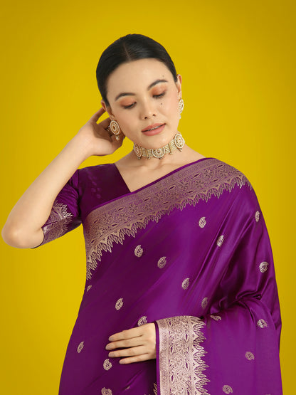 Dhiyona MJ Divine Purple Soft Banarasi Satin Silk Saree With Blouse Piece