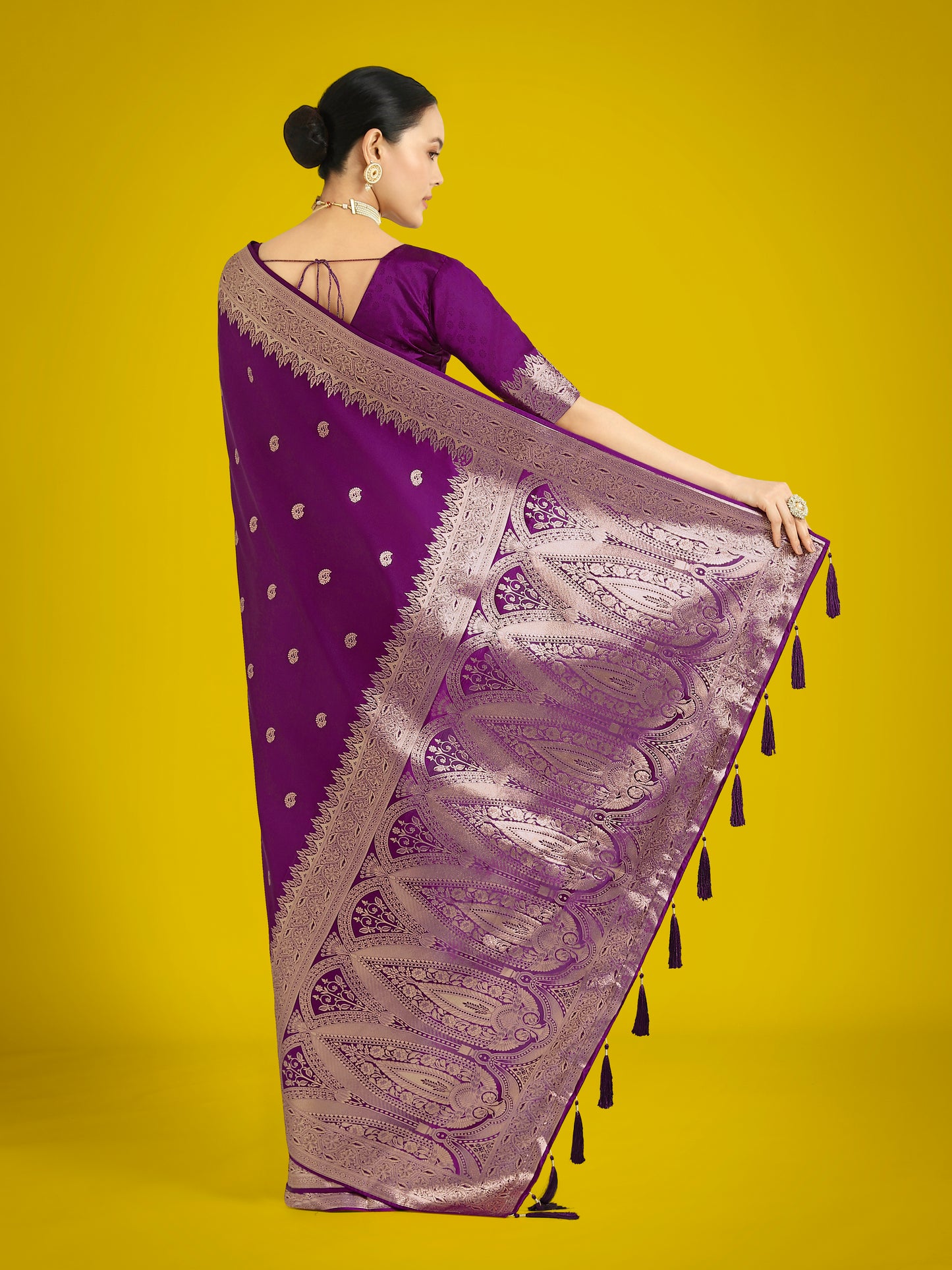 Dhiyona MJ Divine Purple Soft Banarasi Satin Silk Saree With Blouse Piece