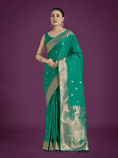 Dhiyona MJ Divine Turquoise Soft Banarasi Satin Silk Saree With Blouse Piece