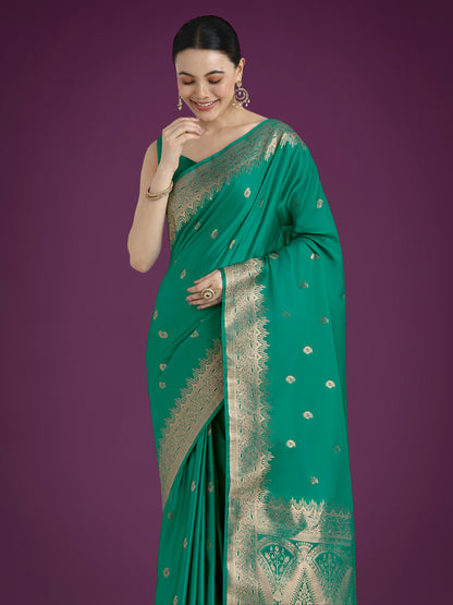 Dhiyona MJ Divine Turquoise Soft Banarasi Satin Silk Saree With Blouse Piece