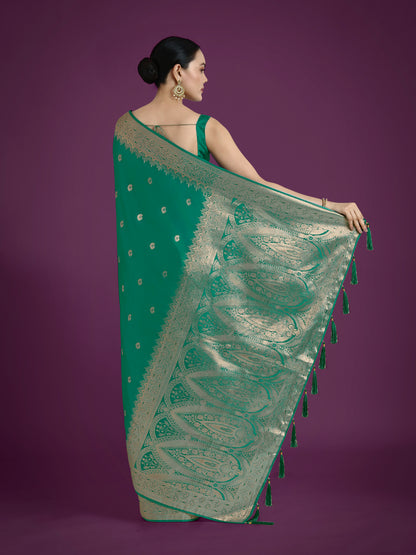 Dhiyona MJ Divine Turquoise Soft Banarasi Satin Silk Saree With Blouse Piece