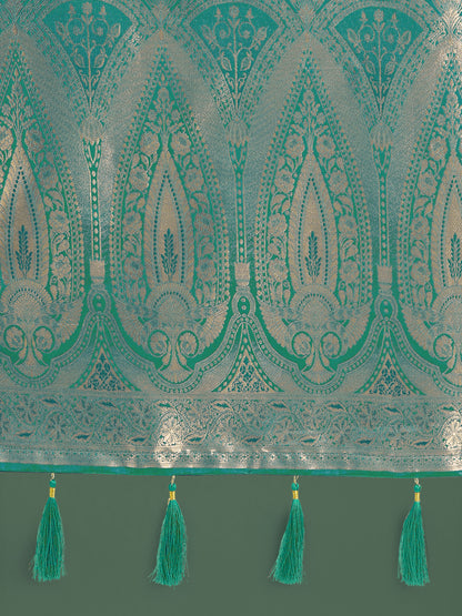 Dhiyona MJ Divine Turquoise Soft Banarasi Satin Silk Saree With Blouse Piece