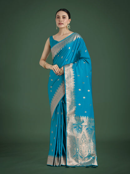 Dhiyona MJ Divine Cyan blue Soft Banarasi Satin Silk Saree With Blouse Piece
