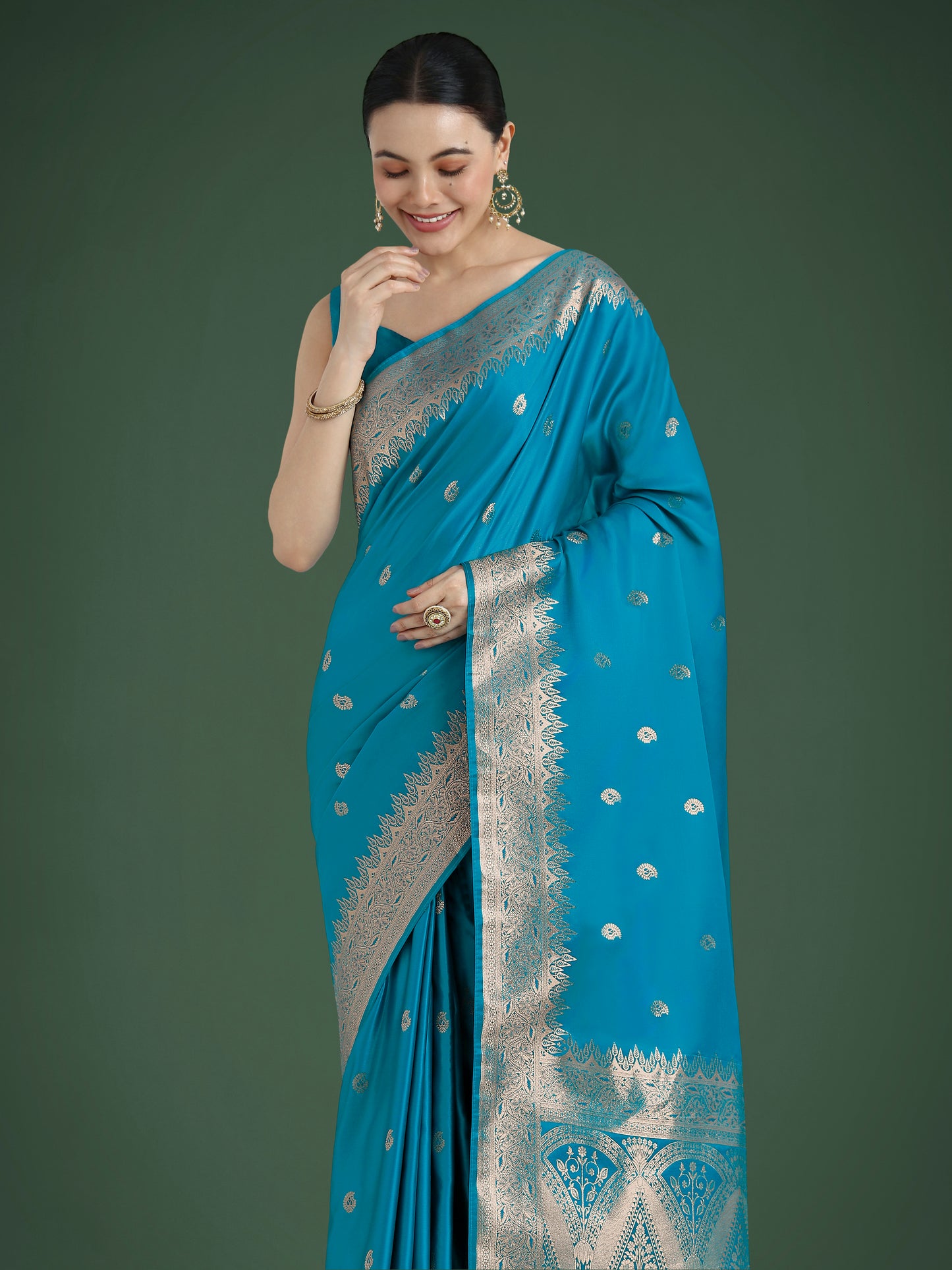 Dhiyona MJ Divine Cyan blue Soft Banarasi Satin Silk Saree With Blouse Piece