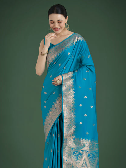 Dhiyona MJ Divine Cyan blue Soft Banarasi Satin Silk Saree With Blouse Piece