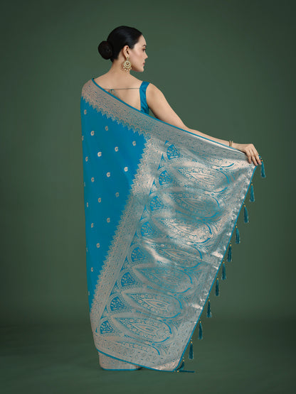 Dhiyona MJ Divine Cyan blue Soft Banarasi Satin Silk Saree With Blouse Piece