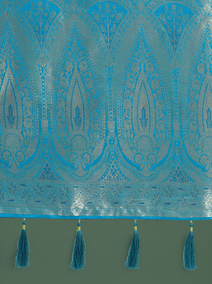 Dhiyona MJ Divine Cyan blue Soft Banarasi Satin Silk Saree With Blouse Piece
