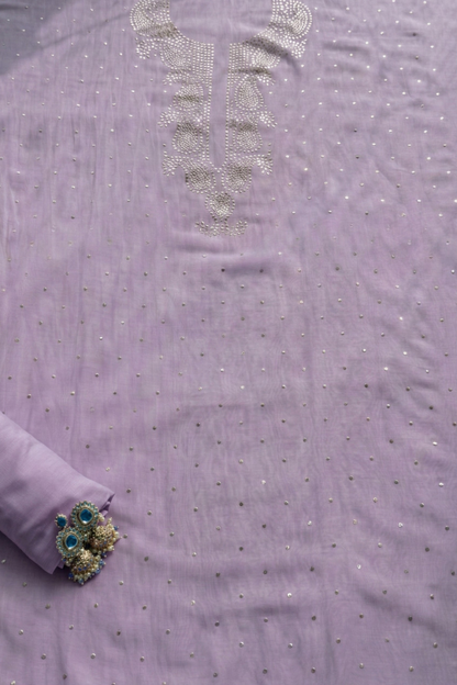 Dhiyona ST 3 Pc Unstitched Suit - Chanderi Lilac Mukiesh Kurta with Lining ,Dupatta and Bottom