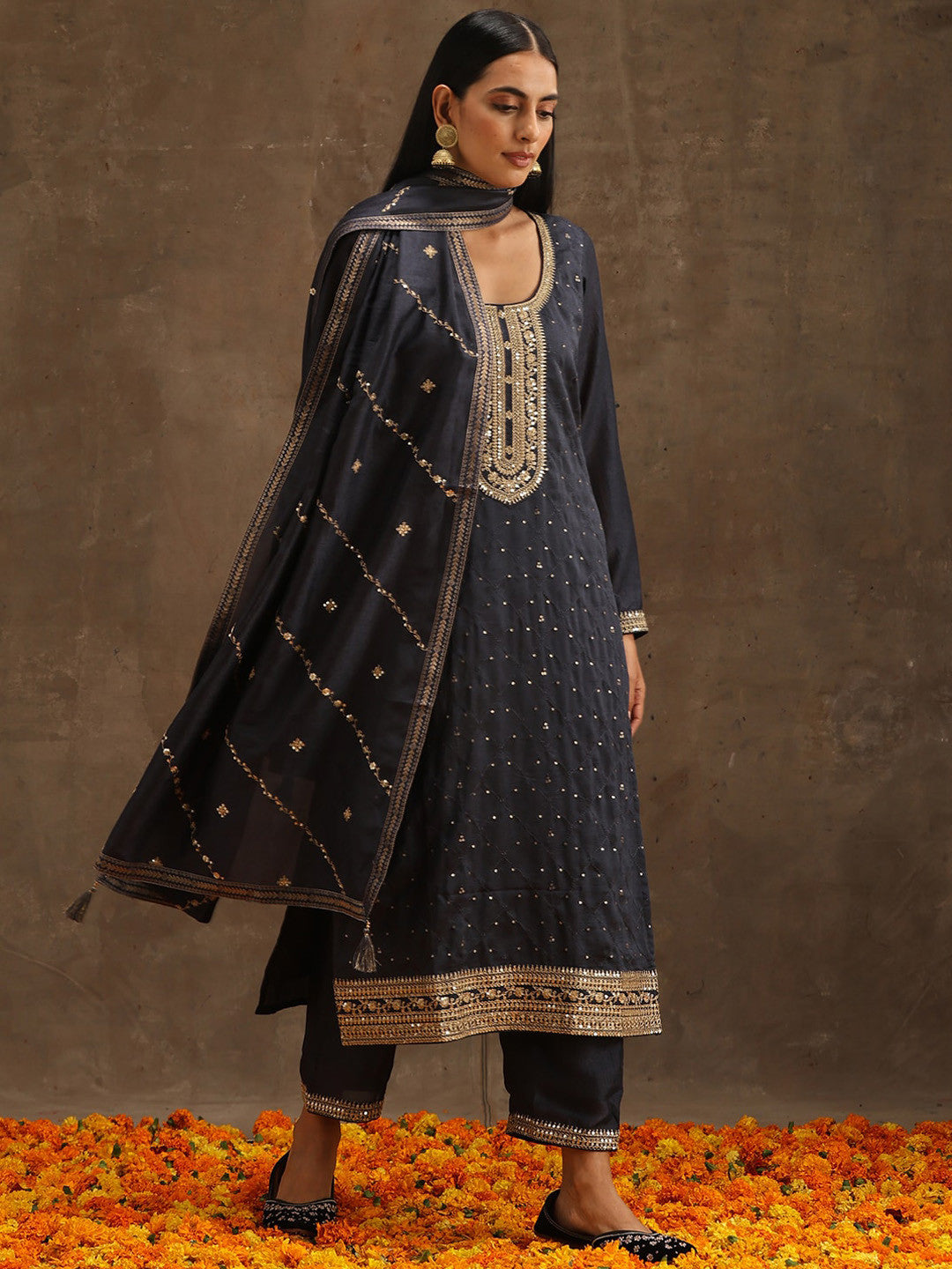 Grey Ethnic Motifs Embroidered Regular Kurta With Trousers & Dupatta