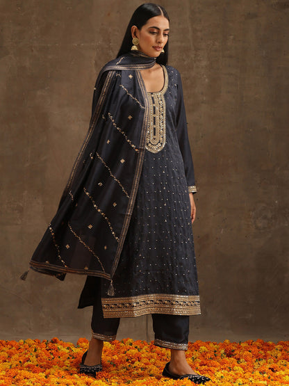 Grey Ethnic Motifs Embroidered Regular Kurta With Trousers & Dupatta