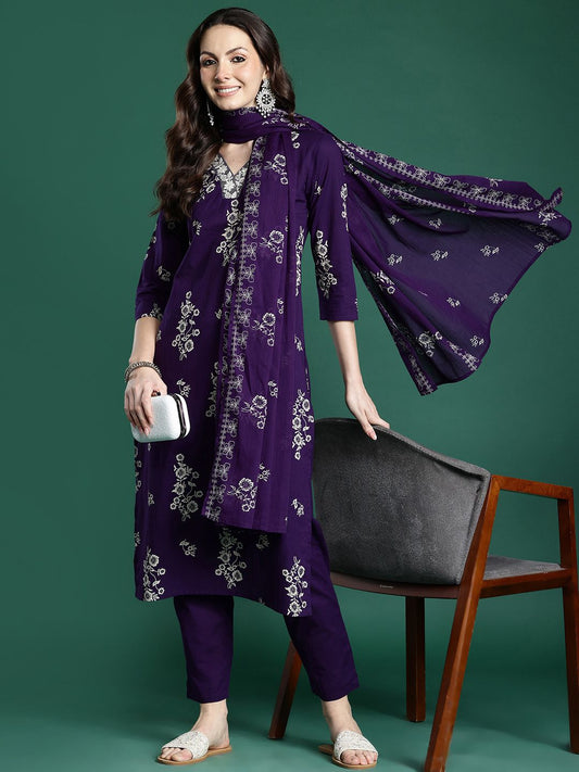 Floral Printed Pure Cotton Kurta with Trousers & Dupatta