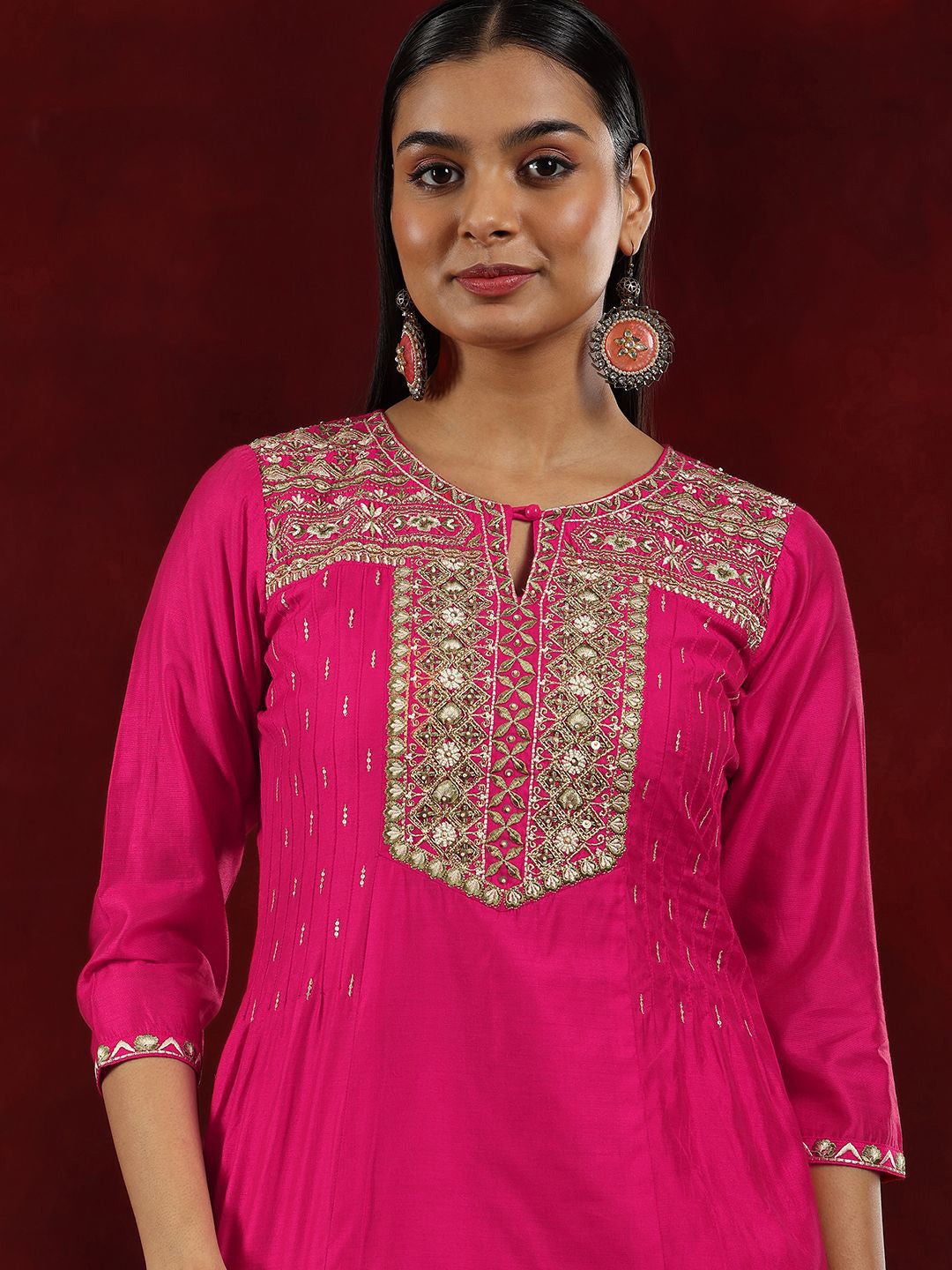 Floral Yoke Design Beads and Stones Chanderi Silk Kurta With Trousers & Dupatta