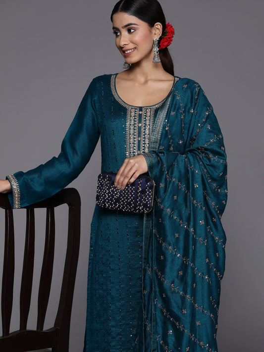 Women Teal Floral Embroidered Kurta with Trousers & With Dupatta