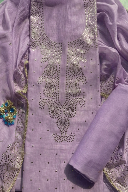 Dhiyona ST 3 Pc Unstitched Suit - Chanderi Lilac Mukiesh Kurta with Lining ,Dupatta and Bottom