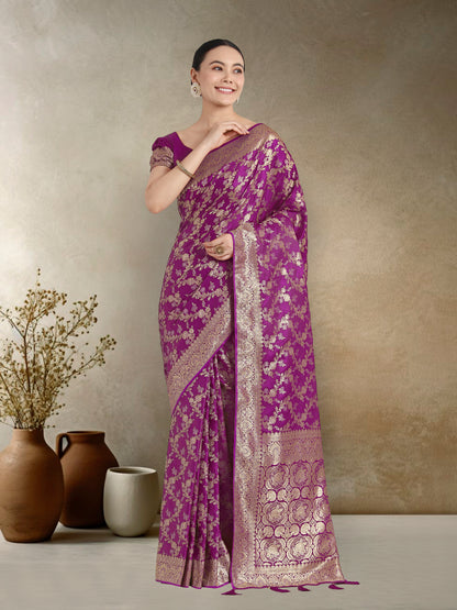 Dhiyona MJ Effervescent Purple Soft Banarasi Satin Silk Saree With Elision Blouse Piece