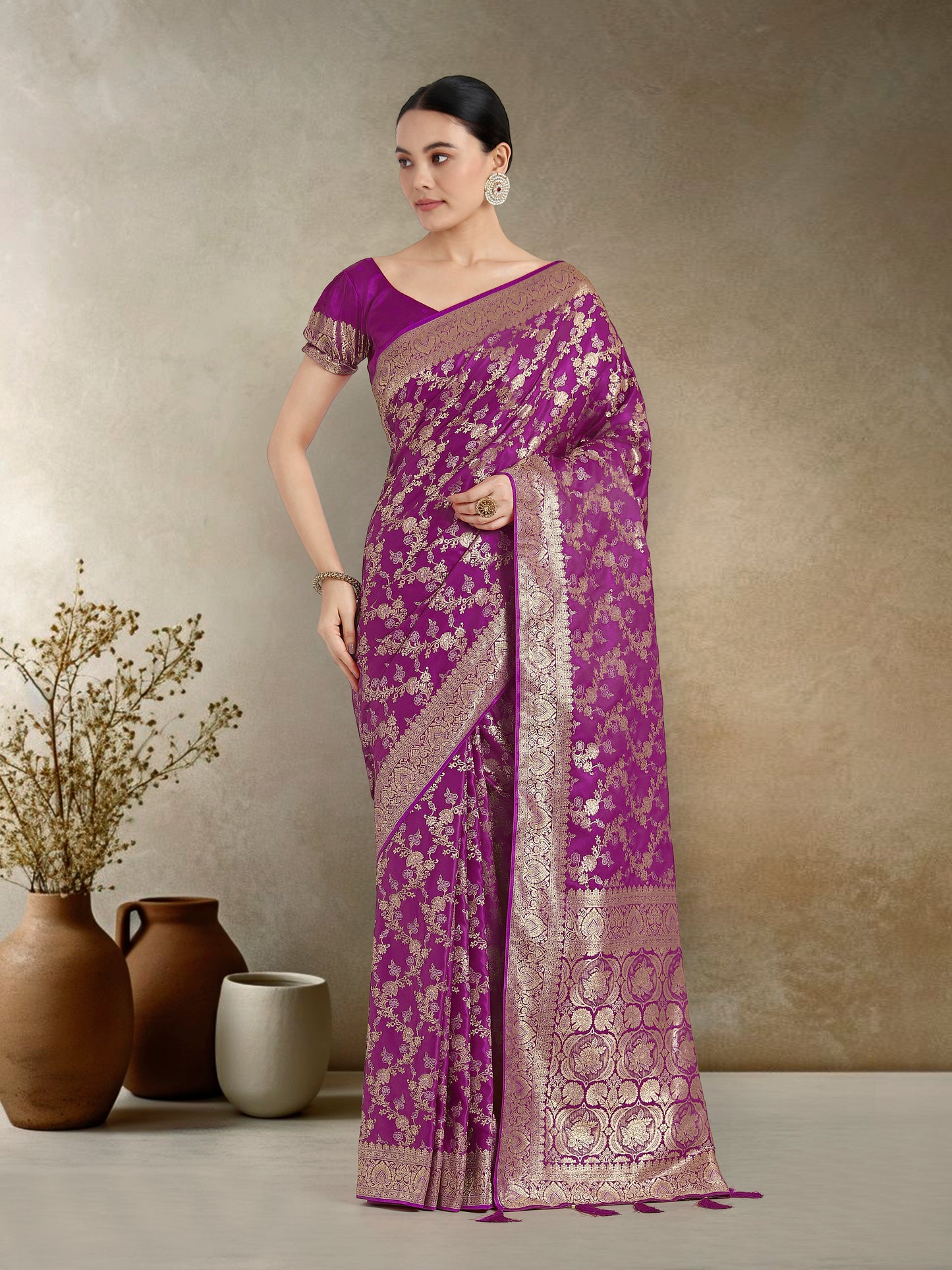 Dhiyona MJ Effervescent Purple Soft Banarasi Satin Silk Saree With Elision Blouse Piece