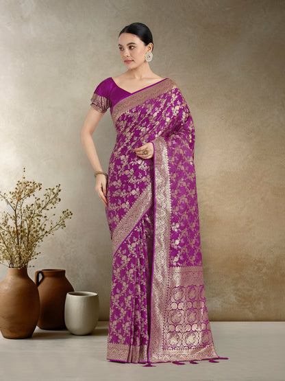 Dhiyona MJ Effervescent Purple Soft Banarasi Satin Silk Saree With Elision Blouse Piece