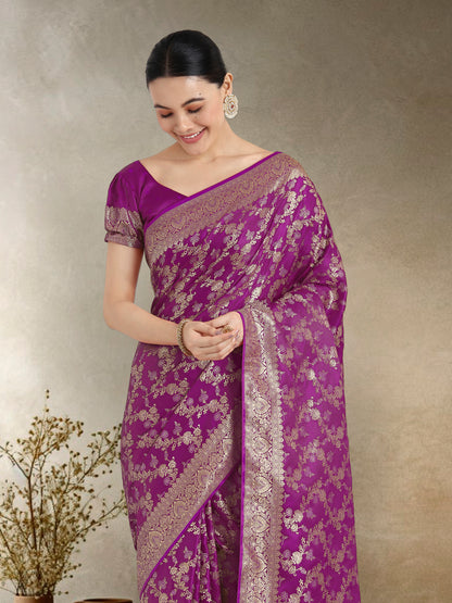 Dhiyona MJ Effervescent Purple Soft Banarasi Satin Silk Saree With Elision Blouse Piece