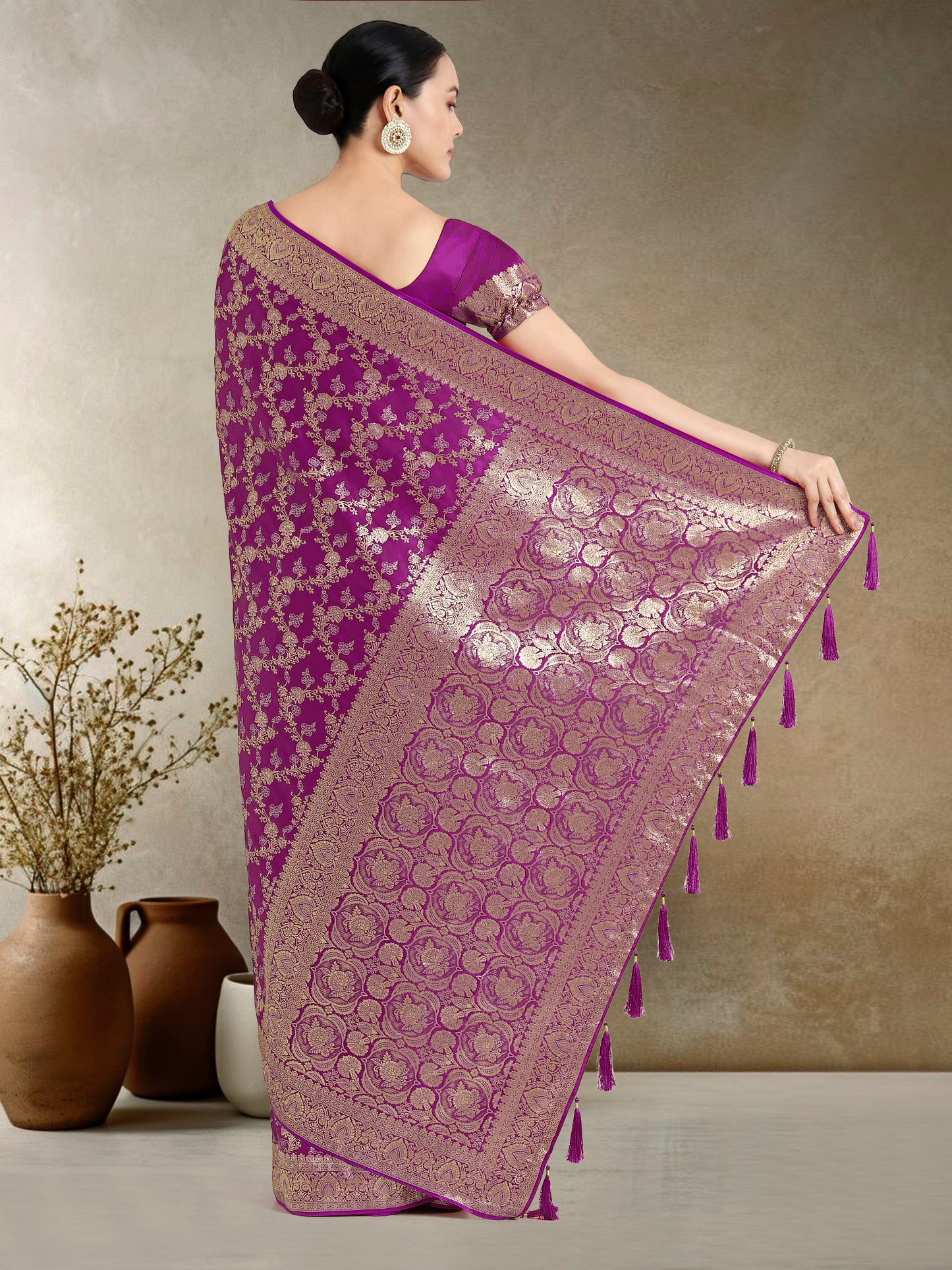 Dhiyona MJ Effervescent Purple Soft Banarasi Satin Silk Saree With Elision Blouse Piece