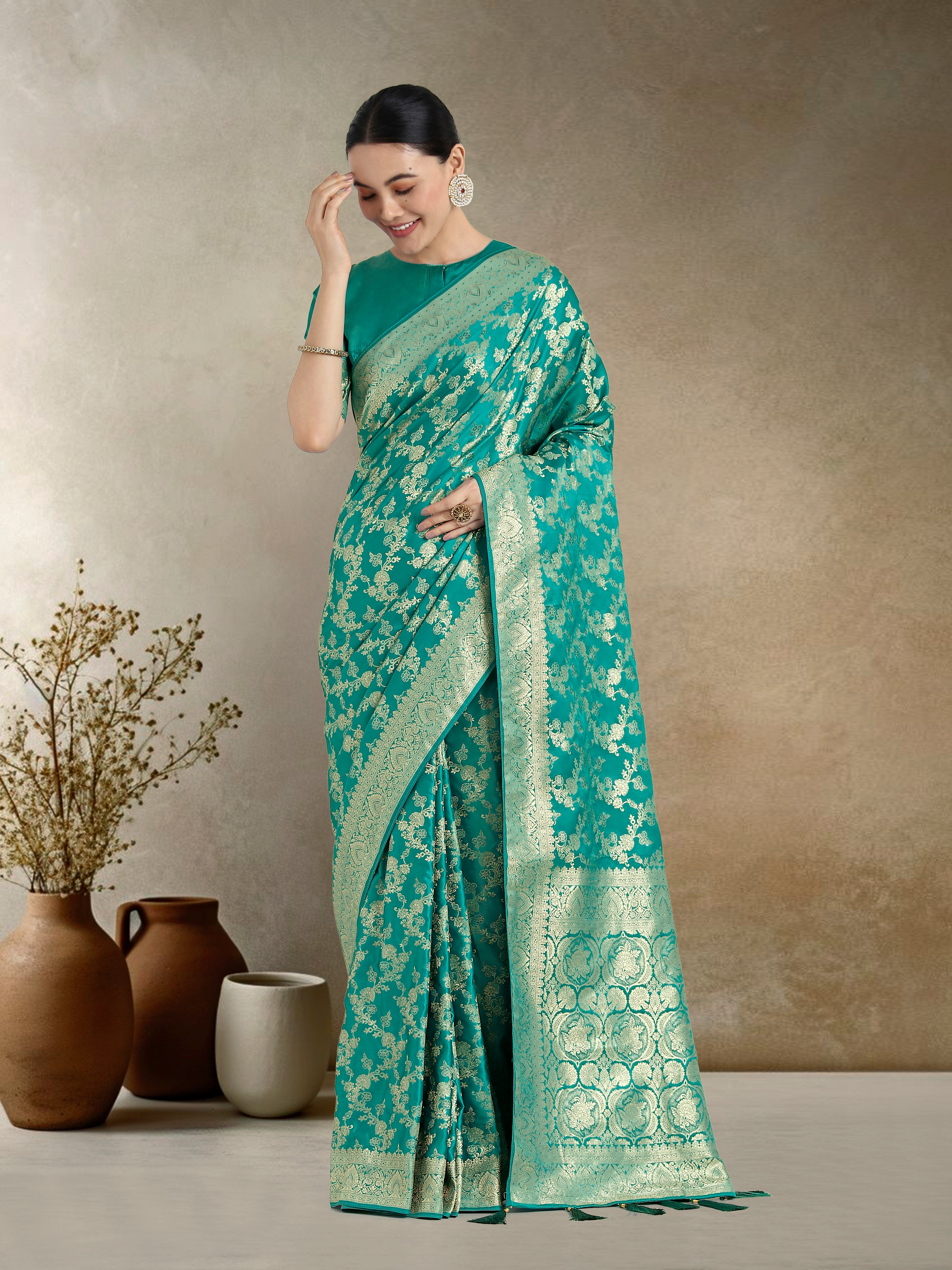 Dhiyona MJ Effervescent Turquoise Soft Banarasi Satin Silk Saree With Elision Blouse Piece
