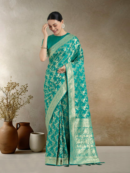 Dhiyona MJ Effervescent Turquoise Soft Banarasi Satin Silk Saree With Elision Blouse Piece