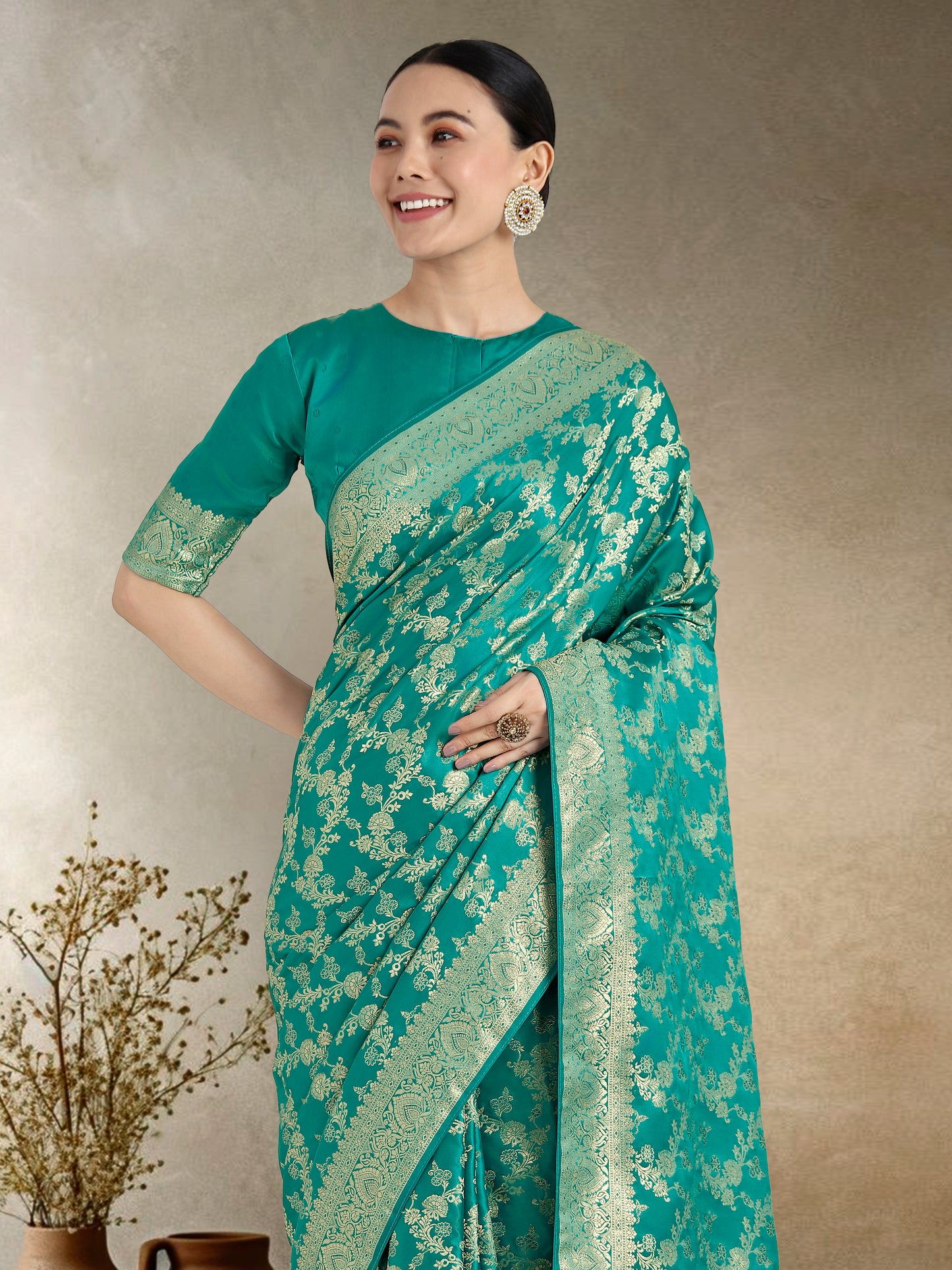 Dhiyona MJ Effervescent Turquoise Soft Banarasi Satin Silk Saree With Elision Blouse Piece