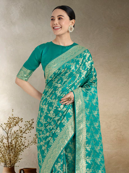 Dhiyona MJ Effervescent Turquoise Soft Banarasi Satin Silk Saree With Elision Blouse Piece