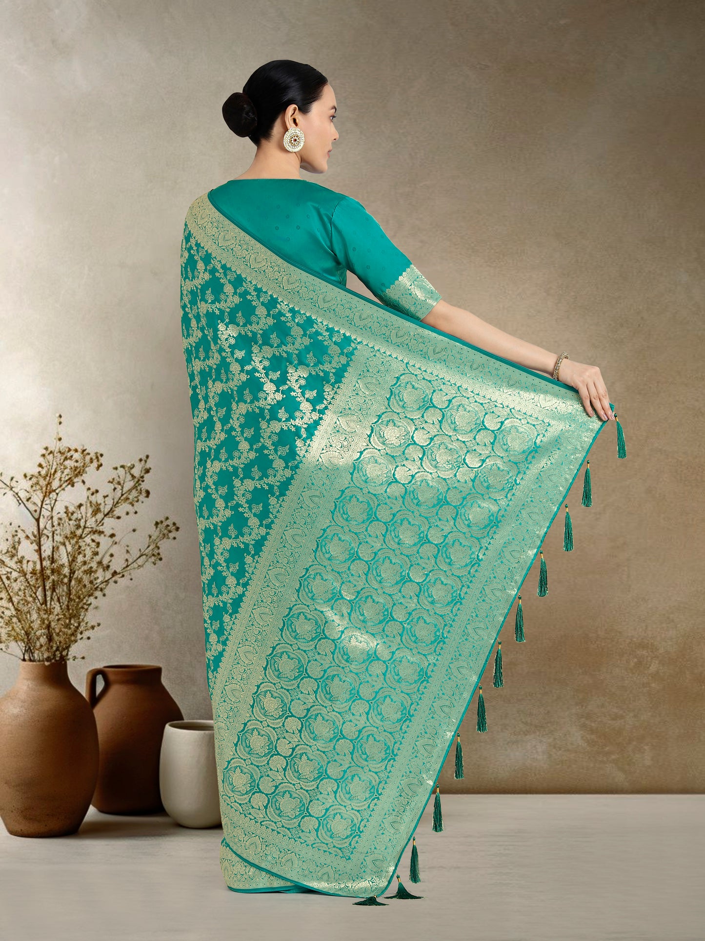 Dhiyona MJ Effervescent Turquoise Soft Banarasi Satin Silk Saree With Elision Blouse Piece