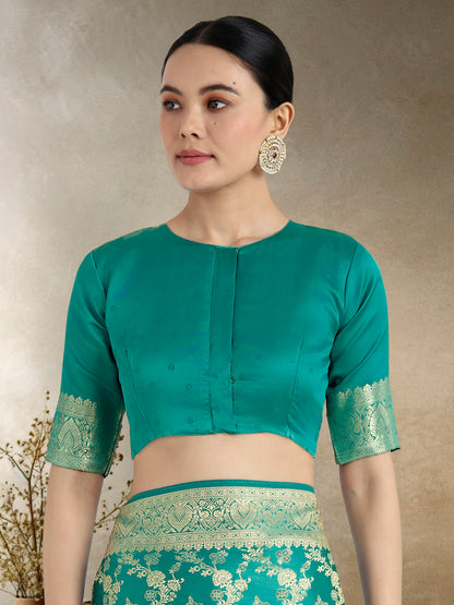 Dhiyona MJ Effervescent Turquoise Soft Banarasi Satin Silk Saree With Elision Blouse Piece