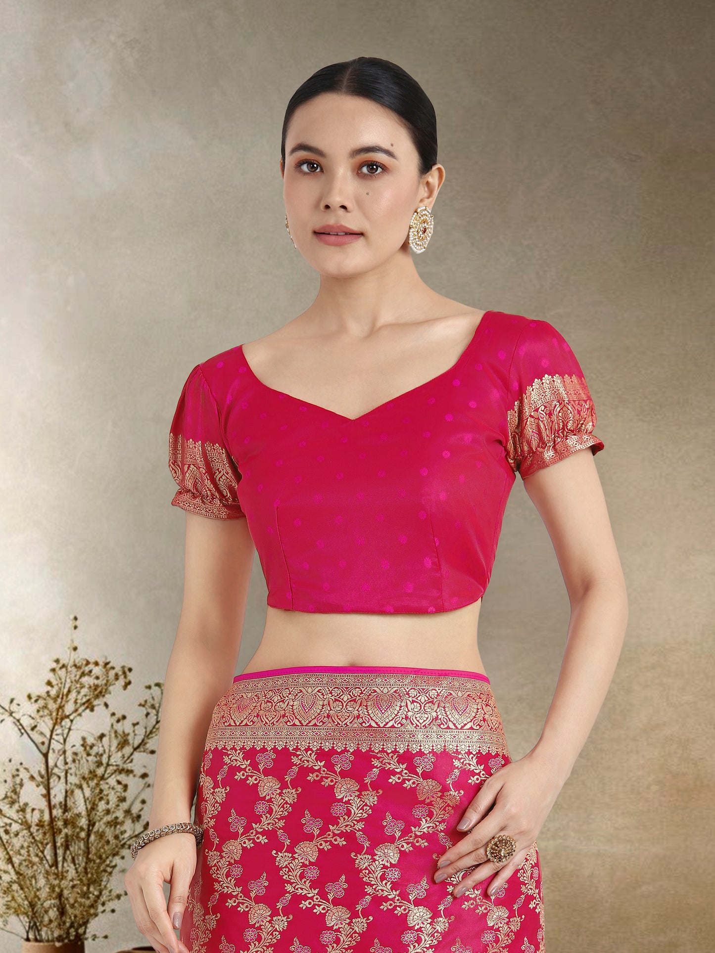 Dhiyona MJ Effervescent Bright Pink Soft Banarasi Satin Silk Saree With Elision Blouse Piece