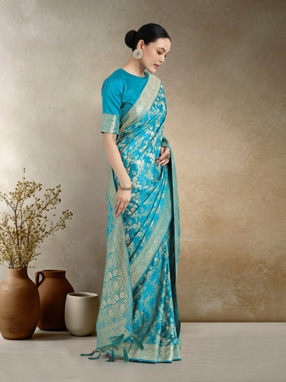 Dhiyona MJ Effervescent Aqua blue Soft Banarasi Satin Silk Saree With Elision Blouse Piece