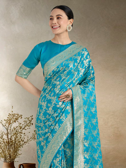 Dhiyona MJ Effervescent Aqua blue Soft Banarasi Satin Silk Saree With Elision Blouse Piece