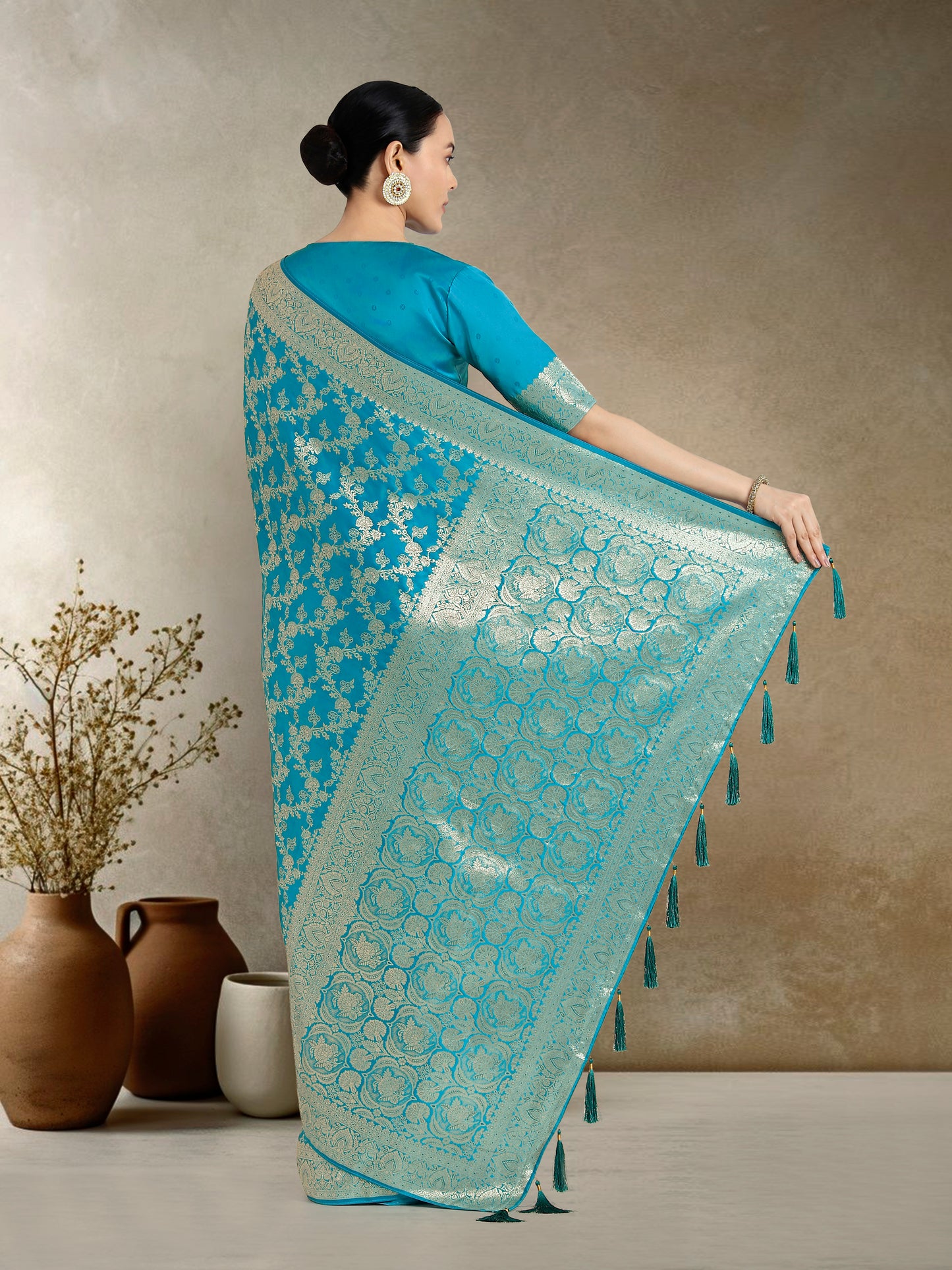 Dhiyona MJ Effervescent Aqua blue Soft Banarasi Satin Silk Saree With Elision Blouse Piece