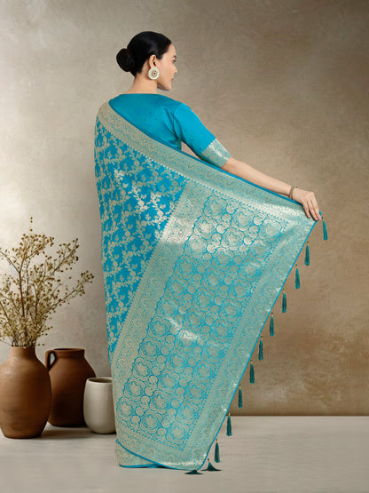 Dhiyona MJ Effervescent Aqua blue Soft Banarasi Satin Silk Saree With Elision Blouse Piece