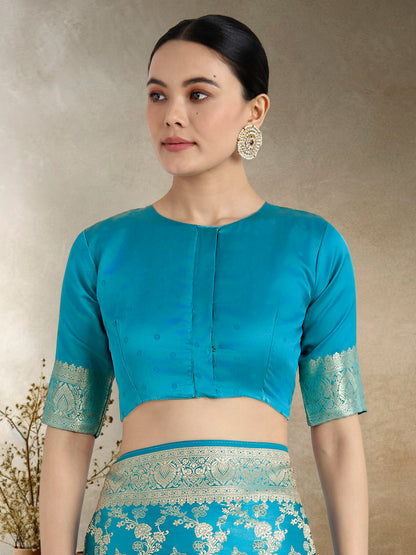 Dhiyona MJ Effervescent Aqua blue Soft Banarasi Satin Silk Saree With Elision Blouse Piece