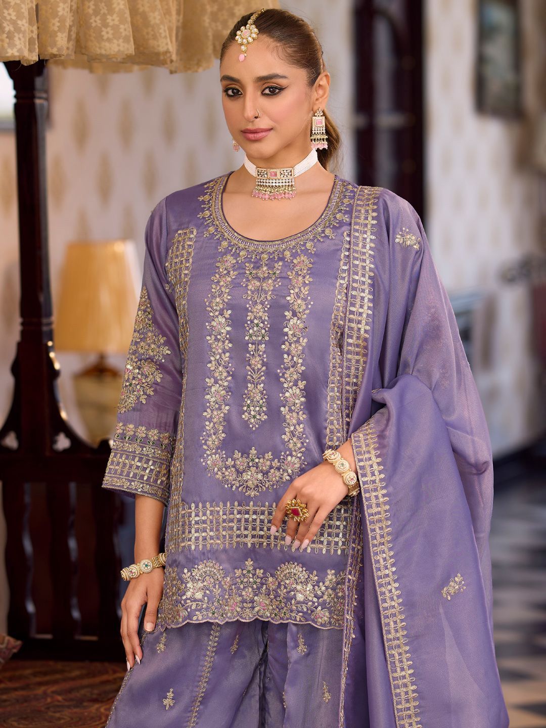 Dhiyona IE Women Ethnic Motifs Embroidered Regular Sequinned Kurta with Palazzos & With Dupatta