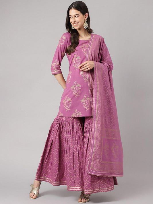 Dhiyona KL Floral Printed Gotta Patti Pure Cotton Straight Kurta & Sharara With Dupatta