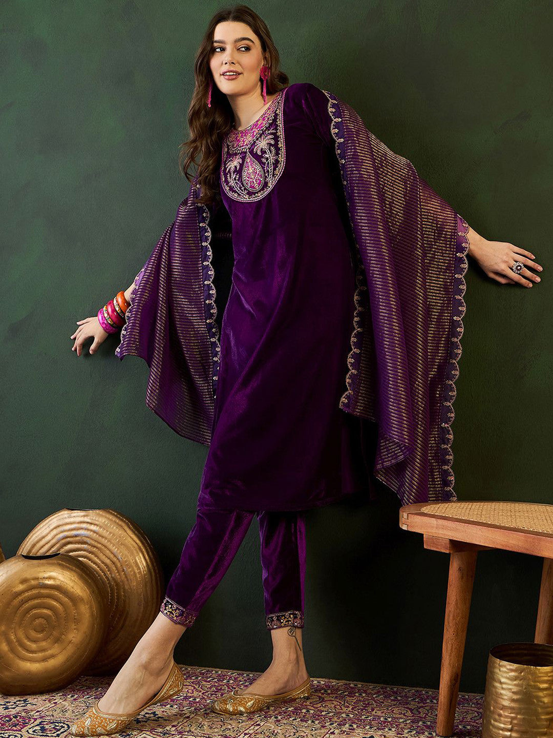 Velvet Embroidered Kurta & Trousers with Dupatta