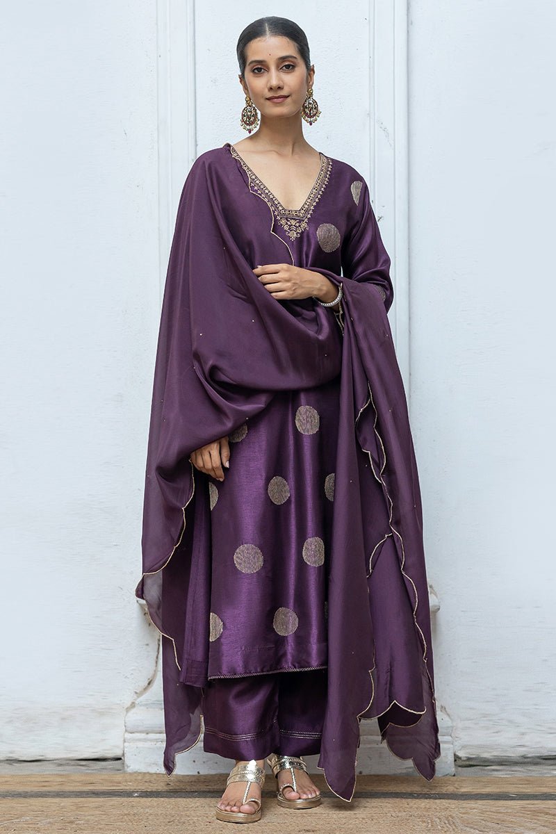 Women's Deep Purple Golden Embroidered Raw Silk Salwar Suit With Silk Organza Dupatta