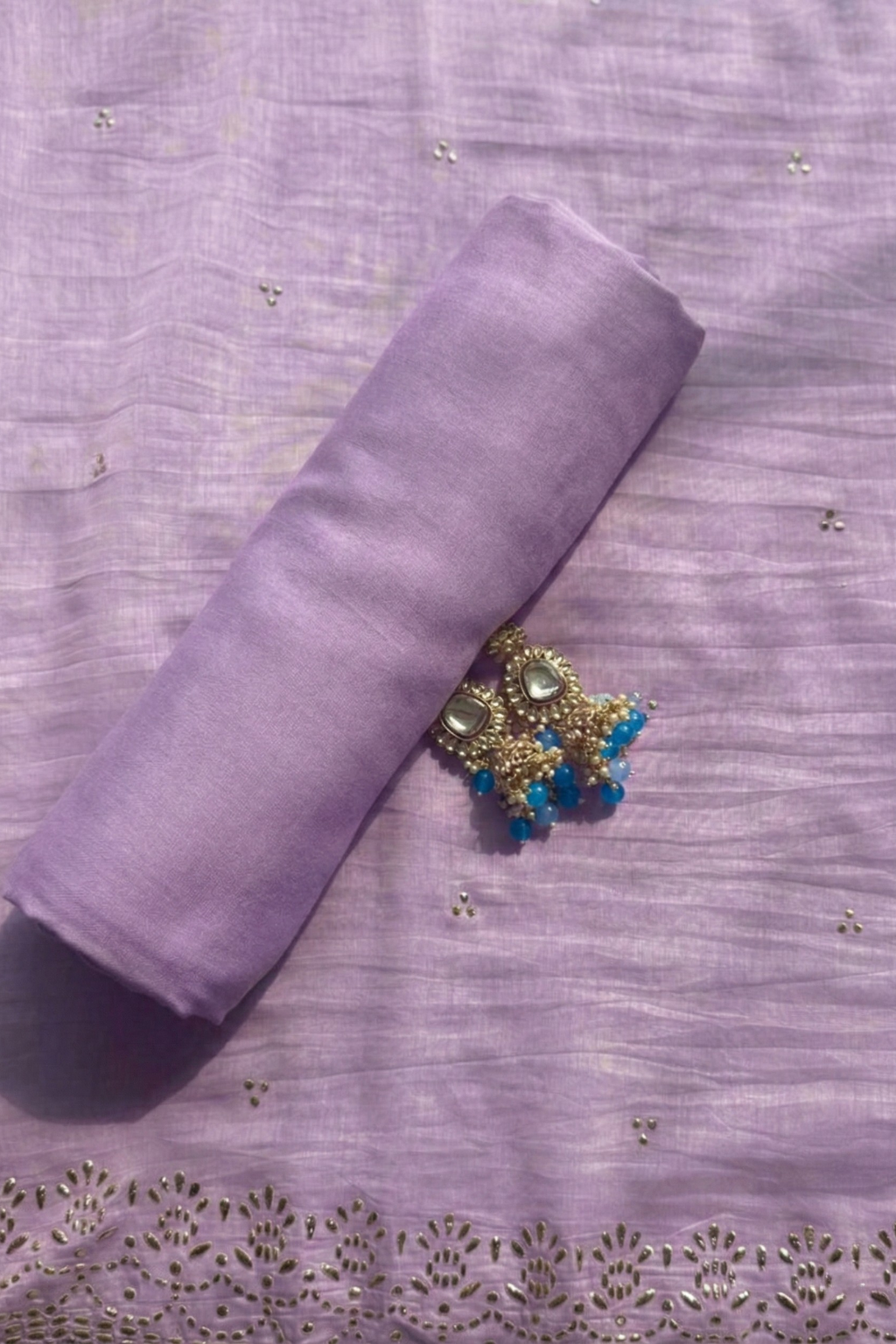 Dhiyona ST 3 Pc Unstitched Suit - Chanderi Lilac Mukiesh Kurta with Lining ,Dupatta and Bottom
