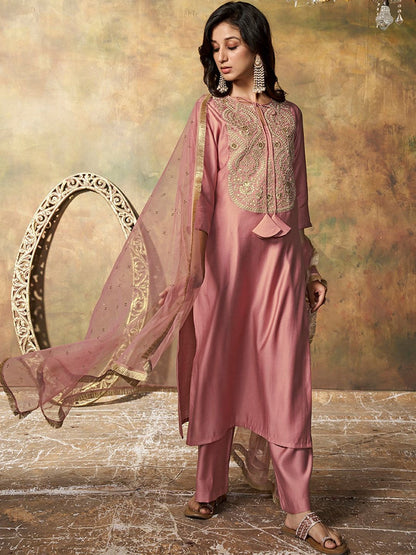 Dhiyona IN Floral Yoke Design Regular Pure Silk Kurta With Palazzos & Dupatta