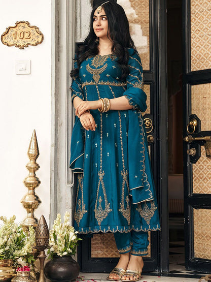 Dhiyona CH Floral Embroidered Pleated Sequinned A-Line Kurta With Trousers & Dupatta