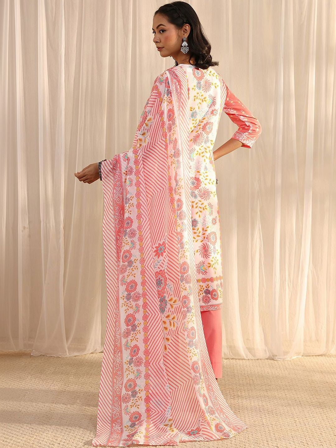 Libas Peach Floral Printed Straight Suit Set with Dupatta