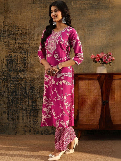 Rani Pink Floral Printed Cotton Blend Straight Suit Set