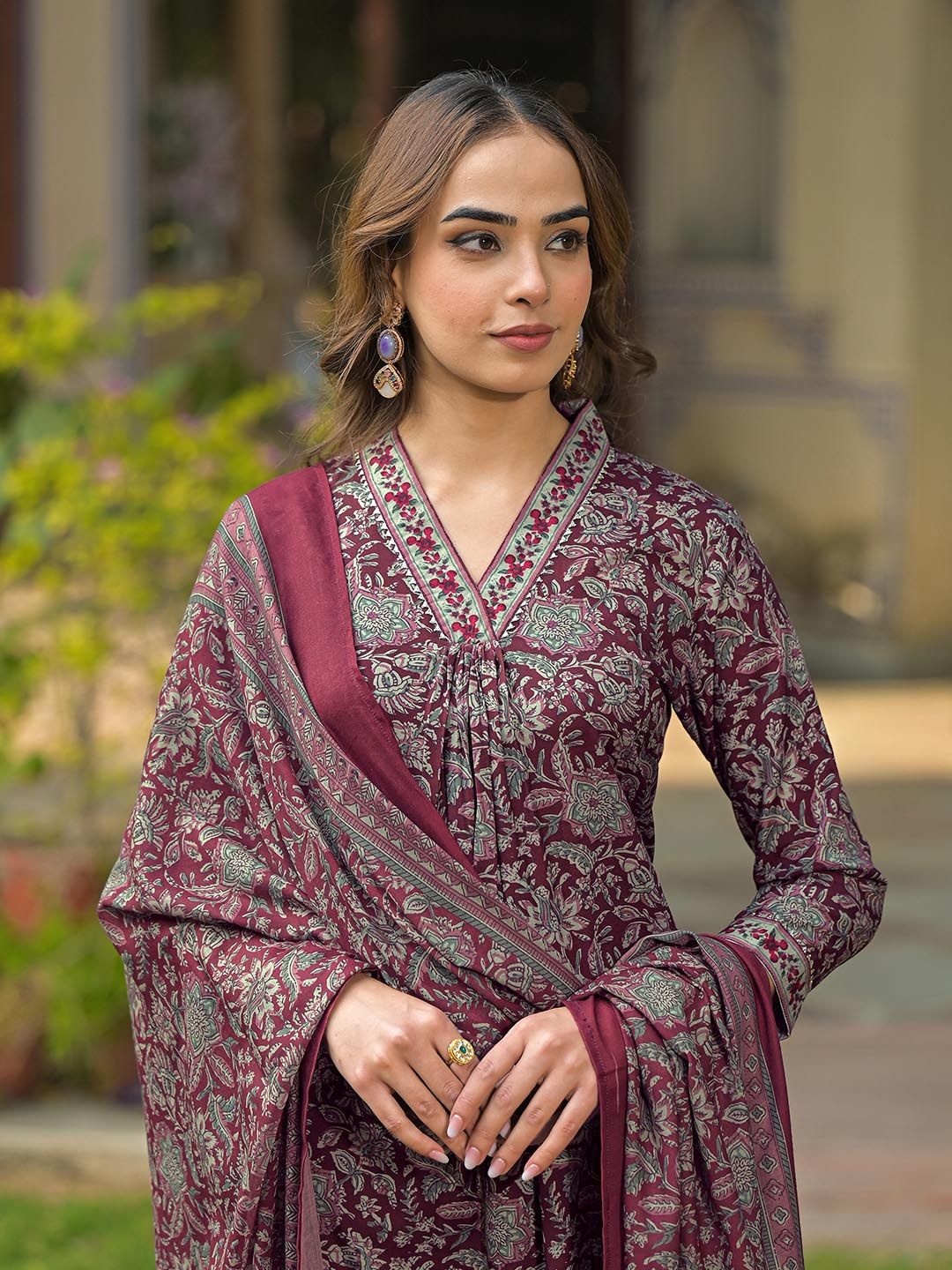Dhiyona KL Floral Printed Pleated Kurta with Trouser & Dupatta