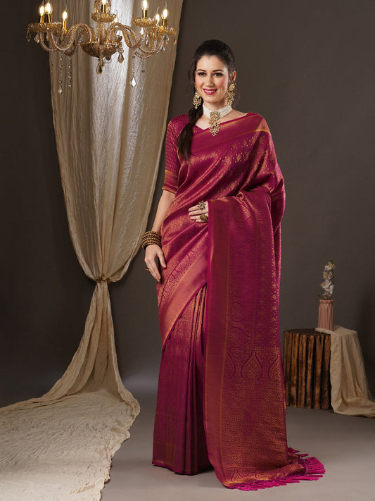 Women's Georgette Pink Woven Design Woven saree With Blouse Piece