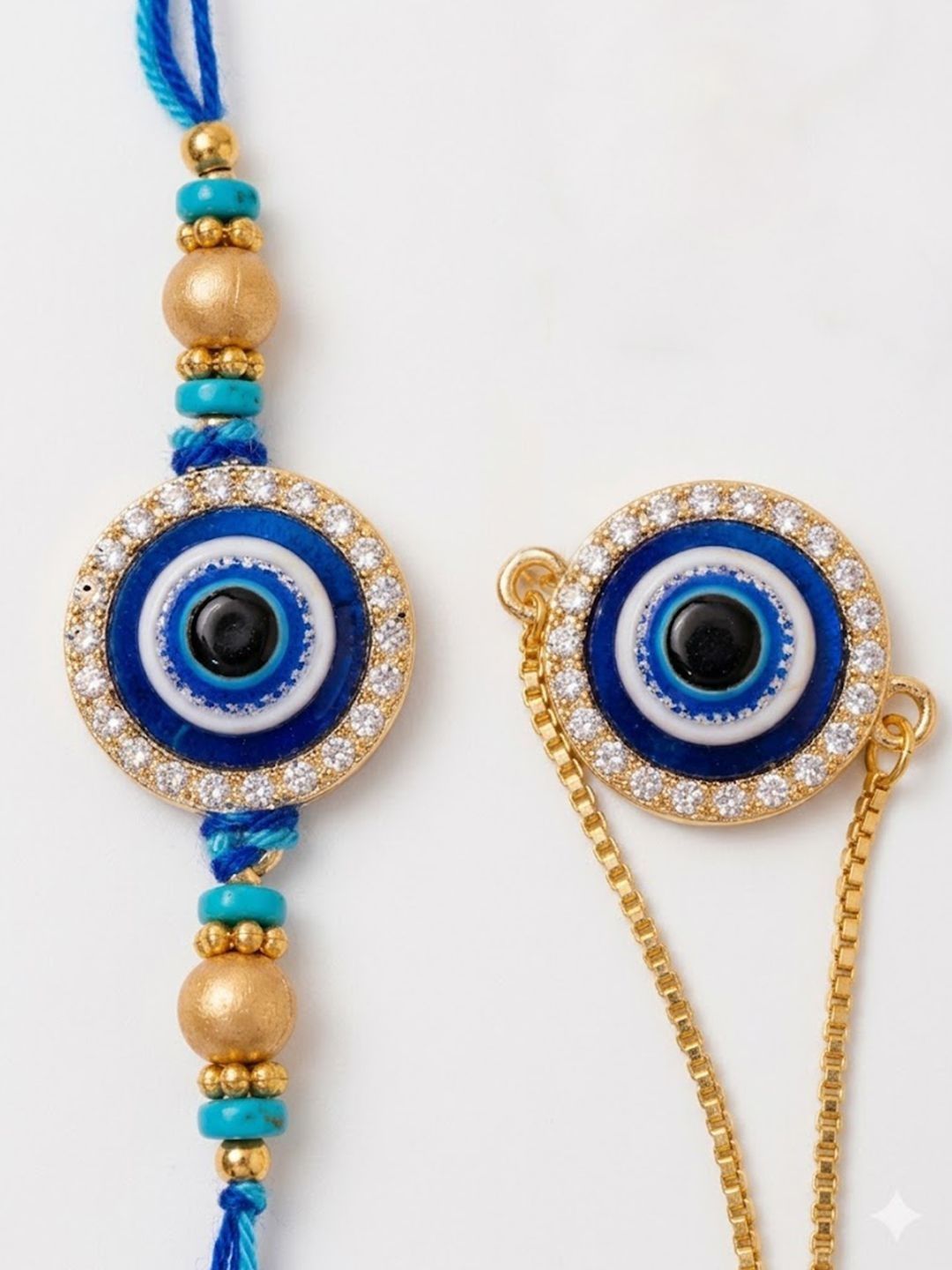 Dhiyona Set Of 2 Blue Evil Eye Gold Toned Bhaiya Bhabhi Rakhi